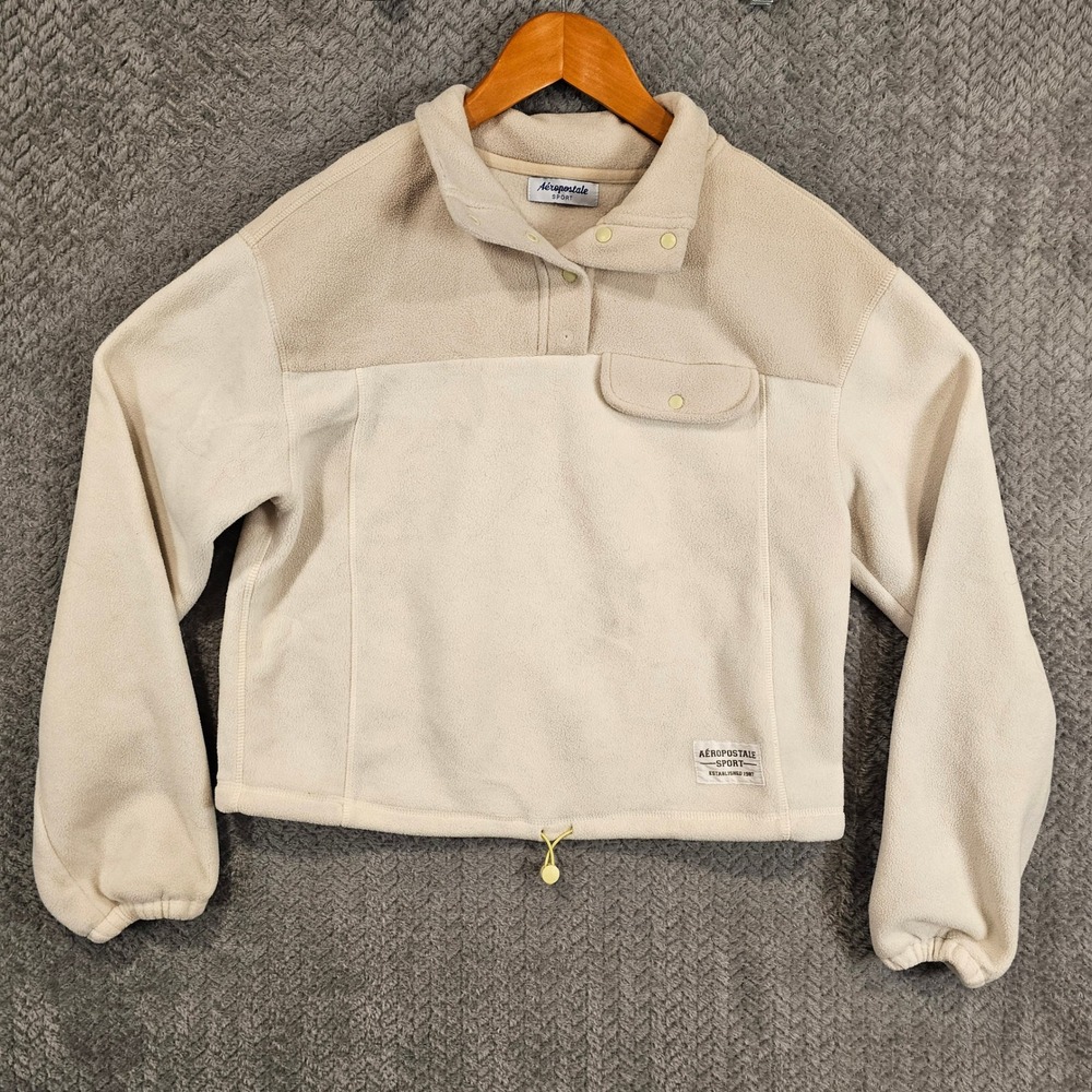 Aeropostale Sport‎ Womens Fleece Pullover Snap Mock Neck Colorblock Cream Tan M